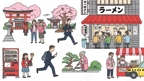 Experience bustling Tokyo life with tourists at shrines, businessmen rushing, ramen diners, street food vendors, and locals tending bonsai trees