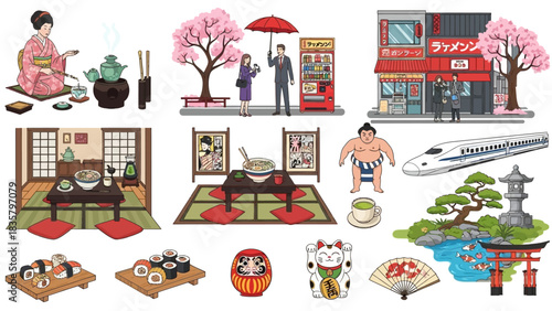 Explore vibrant Japanese culture with delightful tea ceremonies, delicious sushi, and captivating sumo wrestling in a stunning collection of cultural icons