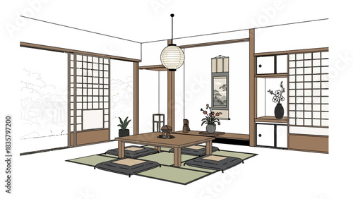Experience tranquil living in a traditional Japanese tatami room, perfect for meditation, tea ceremonies, or peaceful relaxation in minimalist style