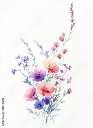 Delicate watercolor painting of a floral bouquet with various purple and pink flowers and green stems and leaves on a white background