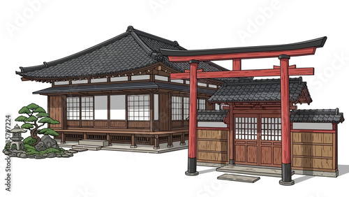 Explore a serene Japanese temple with traditional architecture and a symbolic torii gate, perfect for cultural projects and travel inspiration