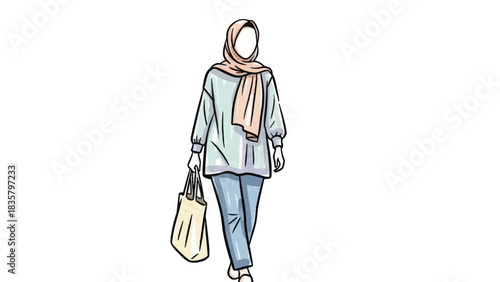 Stylish woman in hijab walks confidently with tote bag, perfect for fashion blogs, diverse representation, and modern Muslim lifestyle content