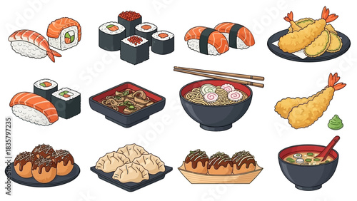 Delicious cartoon Japanese food spread tempting taste buds with sushi, ramen, tempura, dumplings, and miso soup for a flavorful food adventure