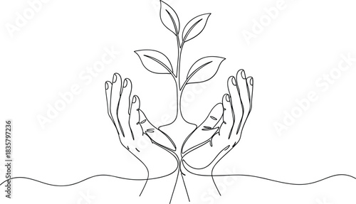 Black and white line drawing of hands holding a growing plant sprout growth