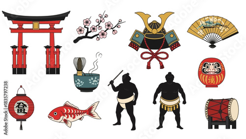 Discover vibrant Japanese culture symbols for your projects, including sumo wrestlers, torii gates, cherry blossoms, and more for authentic cultural expression.