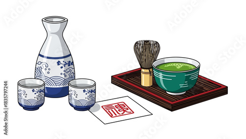 Experience Japanese culture with sake and matcha tea in this delightful illustration perfect for menus, blogs, and social media posts promoting tradition