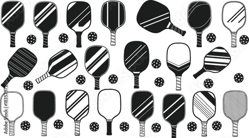 Black and white pickleball paddles and balls pattern graphic sport game