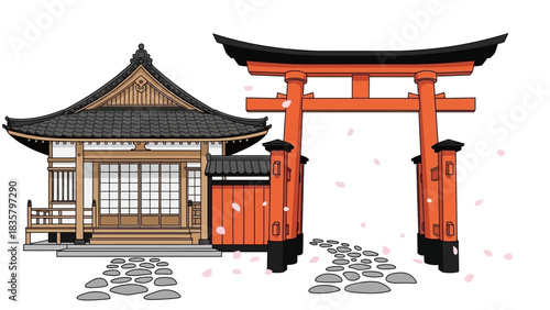 Stunning traditional Japanese shrine entrance with vibrant torii gate and falling cherry blossoms