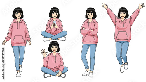 Charming young woman in stylish pink hoodie and jeans shows five different cheerful poses and activities