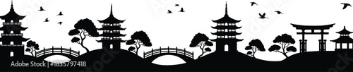Black silhouette of Japanese pagodas bridges and trees with birds flying black and white