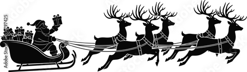 Black silhouette of Santa Claus in a sleigh pulled by four reindeer Christmas gifts