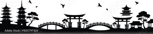 Black silhouette of Japanese pagodas bridges trees and birds against white background temple shrine