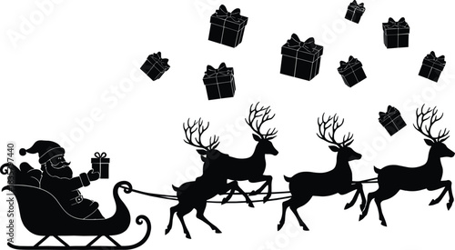 Black silhouette of Santa Claus in a sleigh pulled by reindeer with falling gifts Christmas