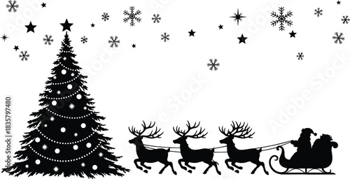 Black silhouette of Santa Claus in sleigh pulled by reindeer next to decorated Christmas tree and snowflakes