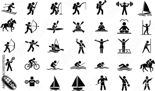 Collection of Black Stick Figure Icons Representing Diverse Sports and Activities activity skiing
