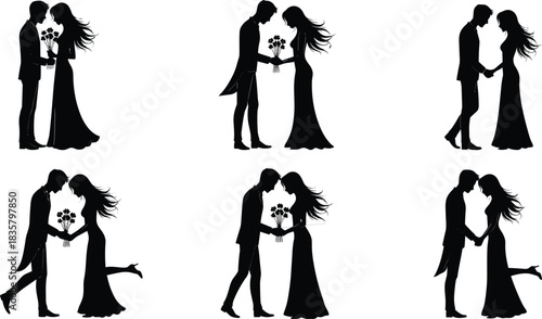 Couple silhouettes in formal attire holding flowers and hands woman formal wear
