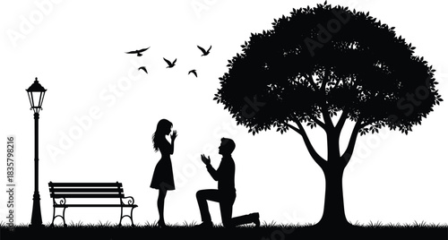 Man proposes to woman under tree with birds flying overhead proposal engagement