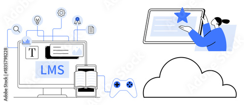 E-learning, LMS software, cloud storage, digital education, knowledge sharing, online courses. Computer with LMS, a tablet and icons. E-learning and LMS software concept