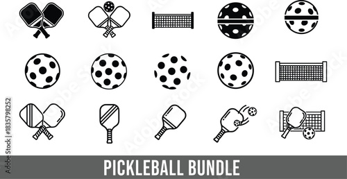 Pickleball paddles balls and net icons in black and white line art sport game
