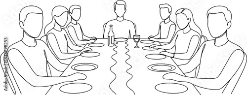 People gathered around a table for a meal with wine and plates gathering dinner