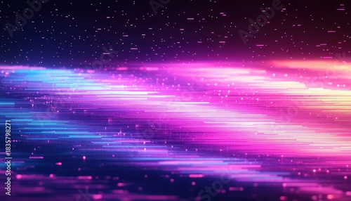 Abstract digital landscape with vibrant neon streaks of pink, purple, blue, and orange light creating a dynamic futuristic flow under a starry sky
