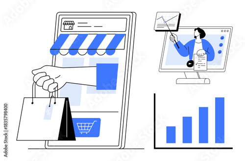 E-Commerce concept. E-Commerce transforming online shopping and digital analytics. E-Commerce boosting sales through mobile apps and virtual learning. For business, marketing, analytics, retail
