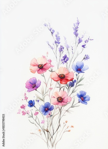 delicate watercolor bouquet of wildflowers in soft pastel shades of pink, purple, and blue on a white background