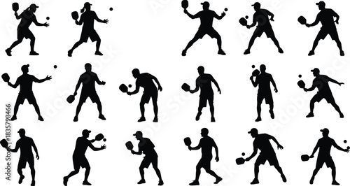 Silhouettes of people playing pickleball with paddles and balls sport game