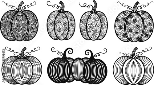 Six black and white decorative pumpkins with intricate patterns and simple lines halloween autumn