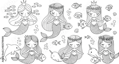 Six cute cartoon mermaids with fish dolphin and narwhal line art vector