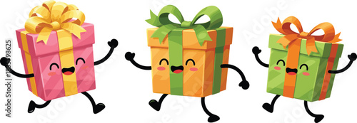 Three cartoon gift boxes with faces and limbs dancing happily present character