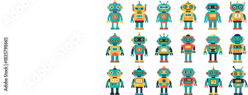 Large Vector Set of Nineteen Retro Robot Characters in Flat Cartoon Style, Perfect for Vintage Technology,