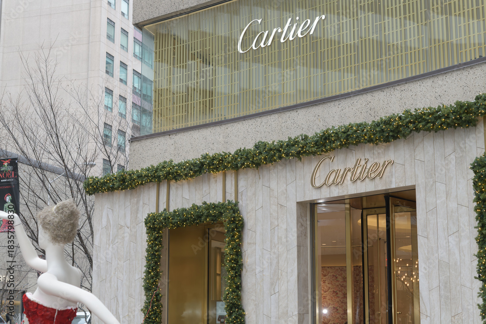 Naklejka premium exterior building facade and sign of Cartier, a jewelry store, located at 131 Bloor St W, Floor 1, The Colonnade, Toronto