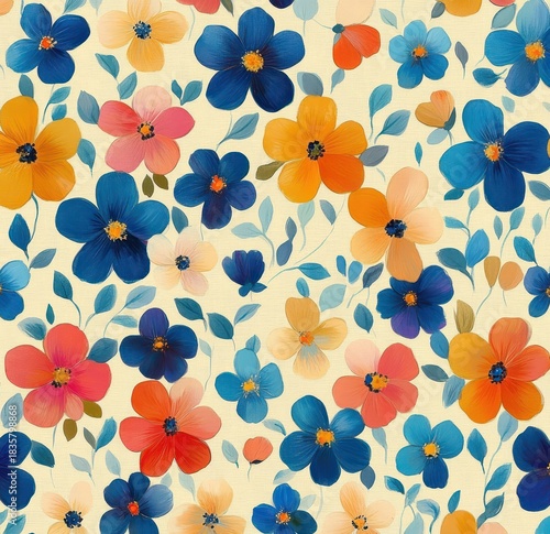 Seamless pattern of colorful flowers in blue, orange, pink, and cream shades with green leaves on a light background creating a cheerful and vibrant floral design