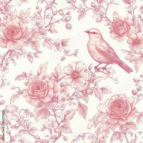 delicate sketch of a small bird perched among blooming roses and intricate branches with leaves in a soft vintage style