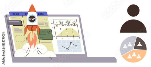 Rocket emerging from laptop screen with kanban board, analytics, charts. Adjacent profile icon and pie chart. Ideal for teamwork, innovation, productivity, project management, goal setting startup