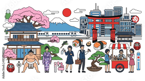 Vibrant collection showcasing modern and traditional Japanese culture icons like Mount Fuji sushi and sumo wrestlers
