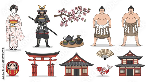 Stunning collection of traditional Japanese cultural icons featuring Geisha Samurai Sumo and temple architecture