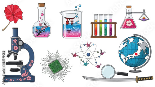 Stunning fusion of Japanese cultural icons with modern science and laboratory equipment for dynamic educational projects