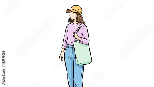 Stylish young woman wearing casual clothes and a baseball cap carries an eco friendly tote bag