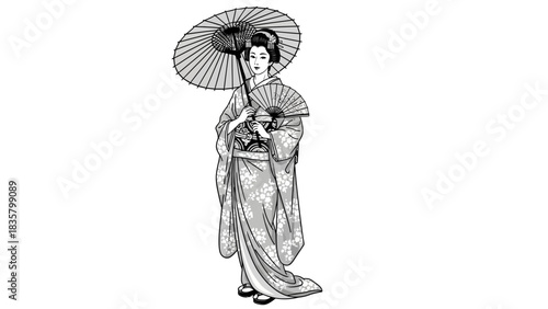 Elegant traditional Japanese geisha holding a paper fan and umbrella in graceful monochrome style