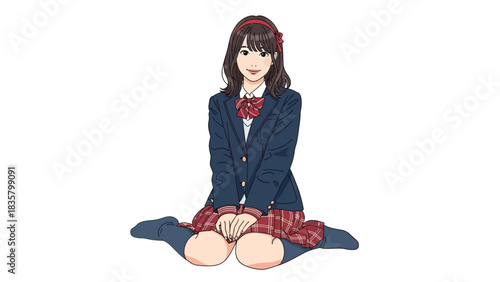 Charming Japanese high school girl in uniform sitting politely with a sweet smile ready for school projects