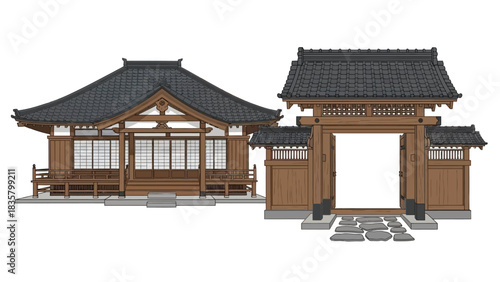 Stunning traditional Japanese temple building and imposing wooden gateway entrance with stone pathway illustration