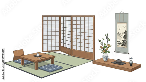 Create serene moments with this elegant arrangement of traditional Japanese room elements featuring shoji screens and tatami mats