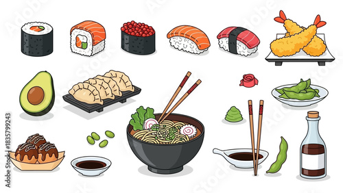 Vibrant collection of delicious isometric Japanese food icons perfect for menus and culinary designs