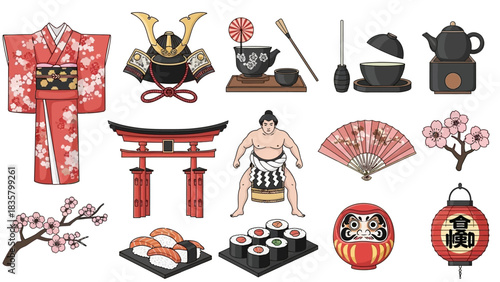 Vibrant collection of traditional Japanese cultural icons perfect for travel blogs and cultural presentations