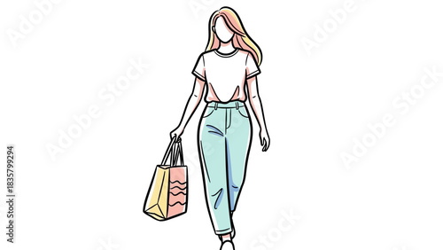 Stylish young woman confidently walks with shopping bags showcasing modern casual fashion trends