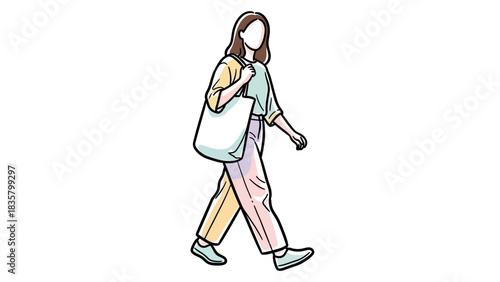 Stylish young woman walks confidently carrying a reusable canvas tote bag for shopping or daily errands