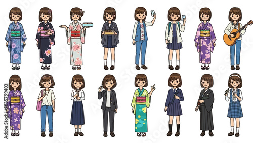Charming collection of young Japanese women showcasing diverse traditional and modern daily clothing styles