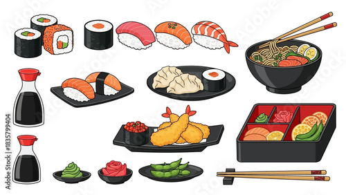 Vibrant collection of delicious Japanese sushi ramen and tempura items perfect for restaurant menus